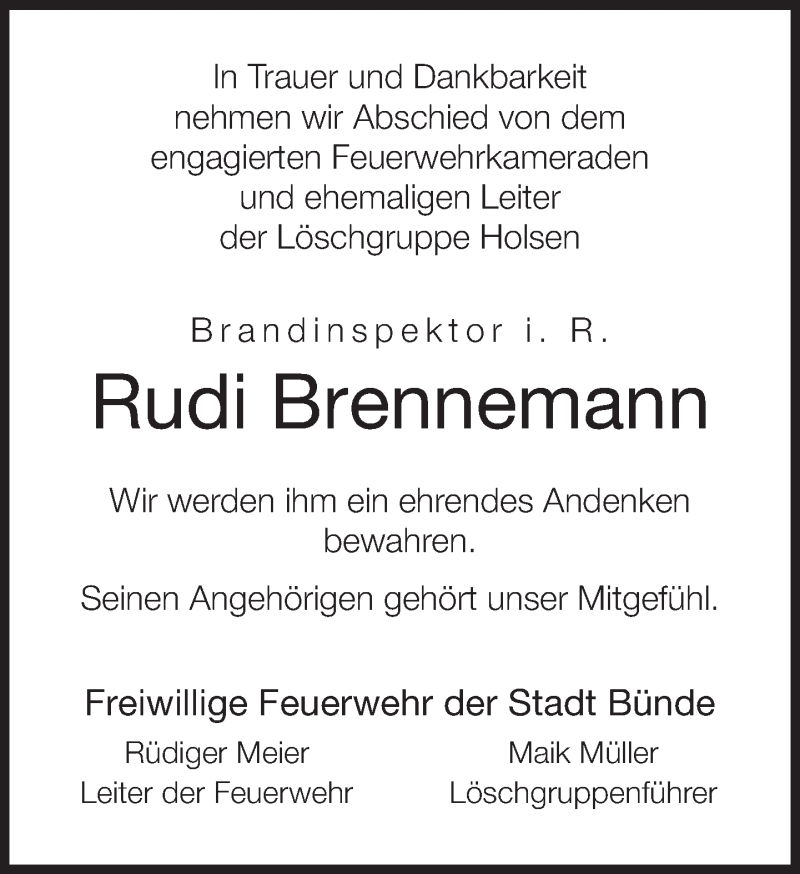  Traueranzeige für Rudi Brennemann vom 08.03.2018 aus Neue Westfälische