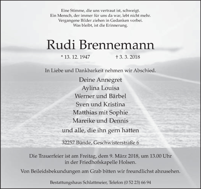  Traueranzeige für Rudi Brennemann vom 07.03.2018 aus Neue Westfälische