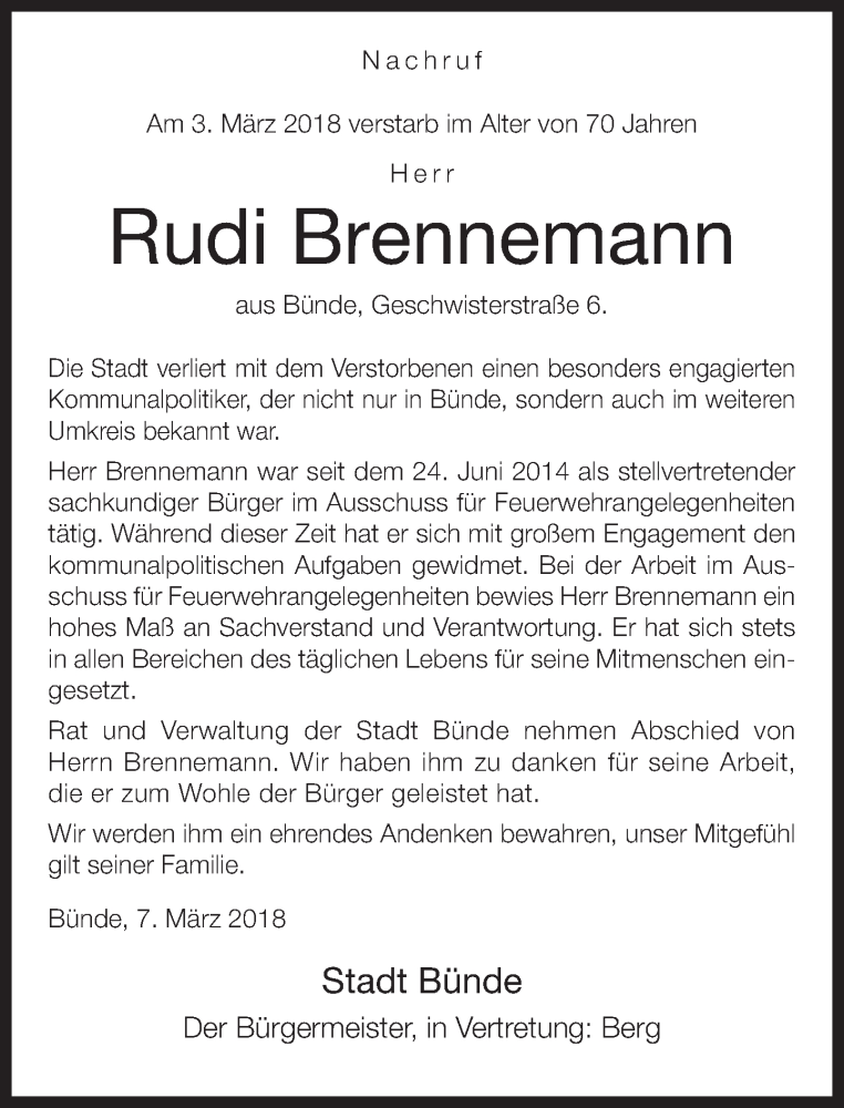  Traueranzeige für Rudi Brennemann vom 08.03.2018 aus Neue Westfälische