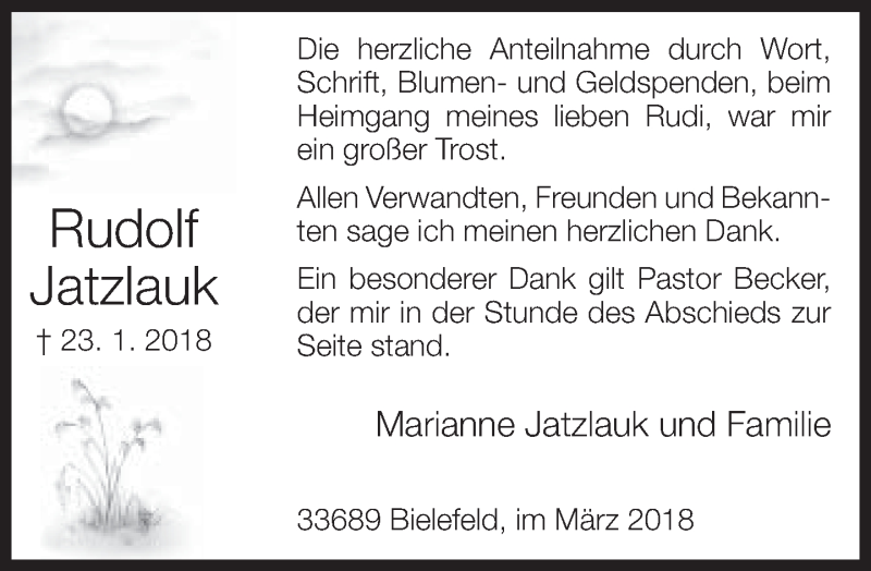  Traueranzeige für Rudolf Jatzlauk vom 03.03.2018 aus Neue Westfälische