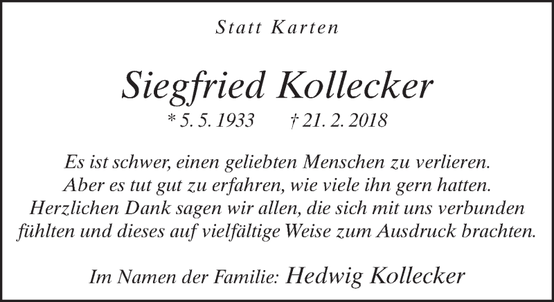  Traueranzeige für Siegfried Kollecker vom 30.03.2018 aus Neue Westfälische
