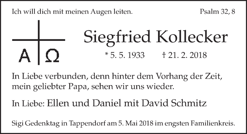 Traueranzeige für Siegfried Kollecker vom 03.03.2018 aus Neue Westfälische