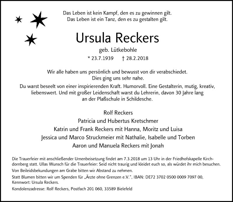  Traueranzeige für Ursula Reckers vom 03.03.2018 aus Neue Westfälische