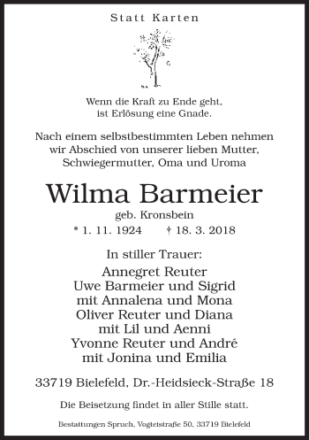 Traueranzeige von Wilma Barmeier