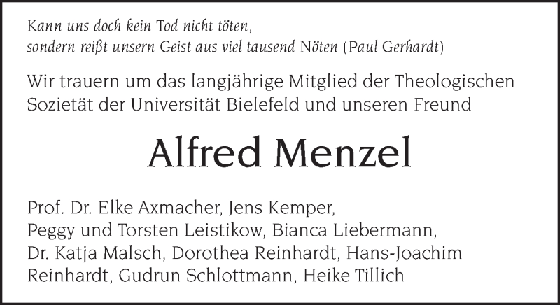  Traueranzeige für Alfred Menzel vom 14.04.2018 aus Neue Westfälische