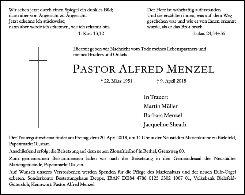  Traueranzeige für Alfred Menzel vom 14.04.2018 aus Neue Westfälische