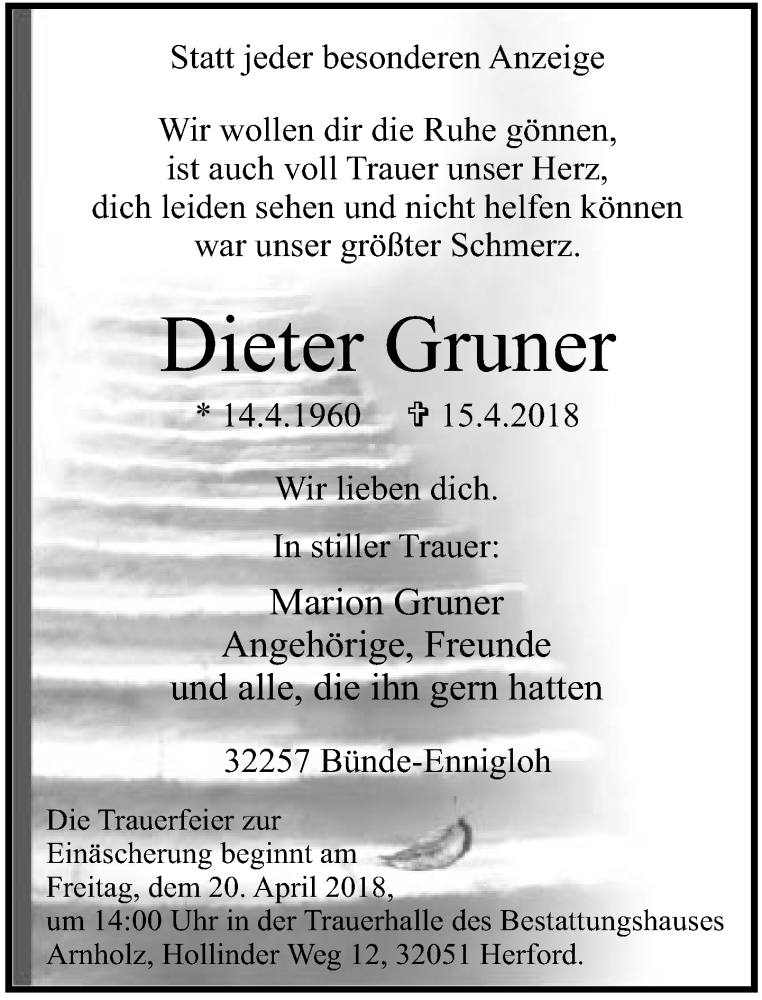  Traueranzeige für Dieter Gruner vom 18.04.2018 aus Neue Westfälische