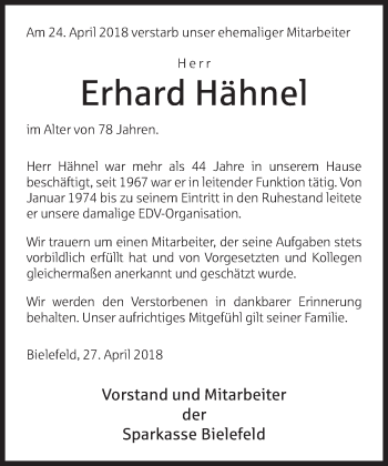 Traueranzeige von Erhard Hähnel