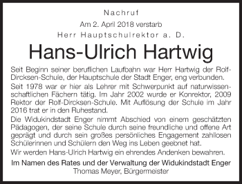 Traueranzeige von Hans-Ulrich Hartwig
