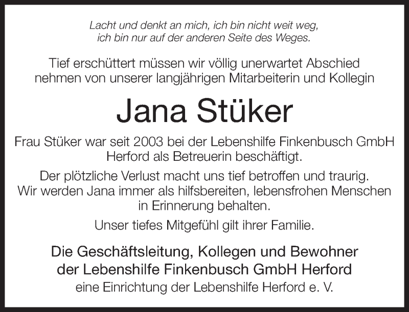  Traueranzeige für Jana Stüker vom 18.04.2018 aus Neue Westfälische