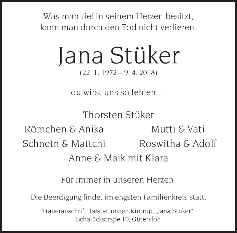 Traueranzeige für Jana Stüker vom 14.04.2018 aus Neue Westfälische