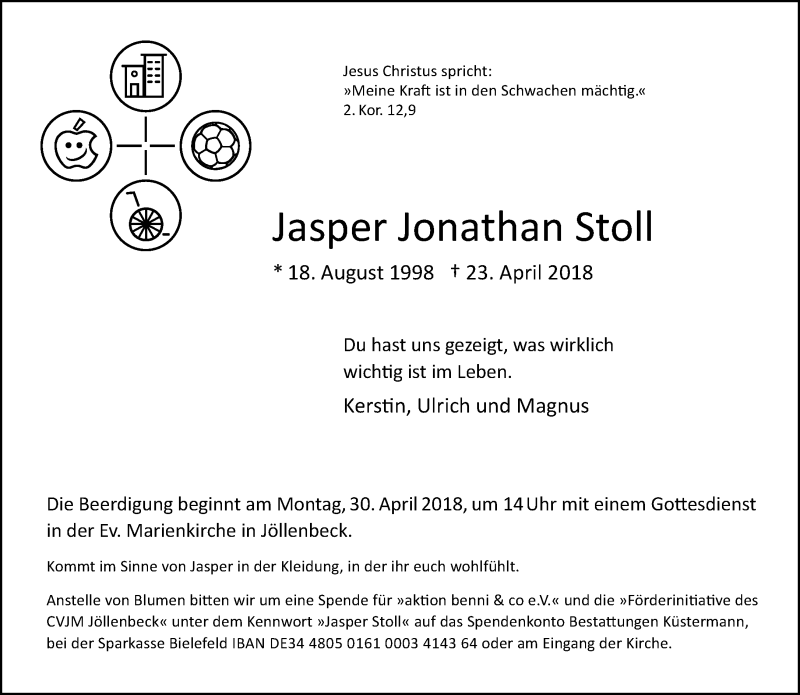  Traueranzeige für Jasper Jonathan Stoll vom 27.04.2018 aus Neue Westfälische