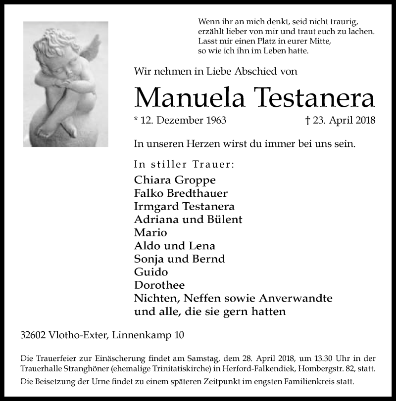  Traueranzeige für Manuela Testanera vom 25.04.2018 aus Neue Westfälische