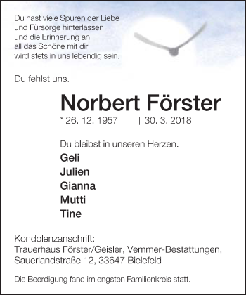 Traueranzeige von Norbert Förster