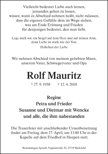 Traueranzeige von Rolf Mauritz