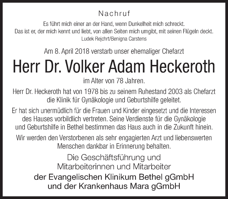  Traueranzeige für Volker Adam Heckeroth vom 11.04.2018 aus Neue Westfälische