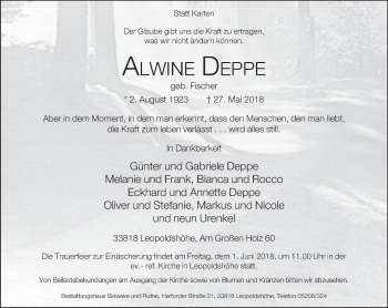 Traueranzeige von Alwine Deppe