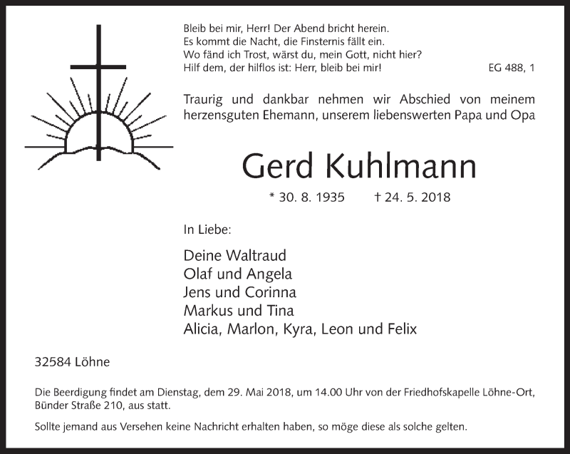  Traueranzeige für Gerd Kuhlmann vom 26.05.2018 aus Neue Westfälische
