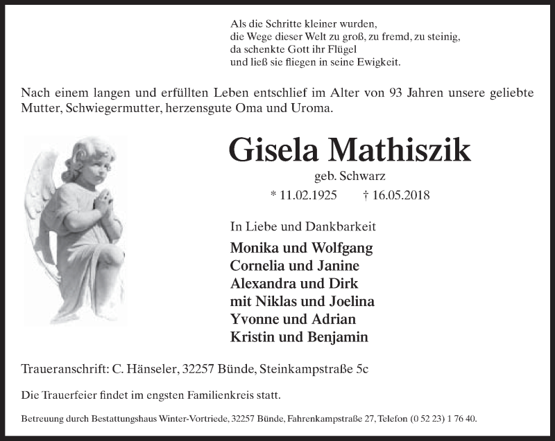  Traueranzeige für Gisela Mathiszik vom 23.05.2018 aus Neue Westfälische