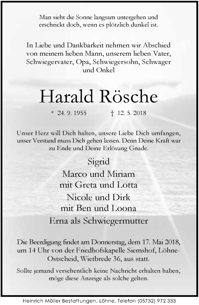  Traueranzeige für Harald Rösche vom 15.05.2018 aus Neue Westfälische