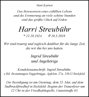 Traueranzeige von Harri Streubühr