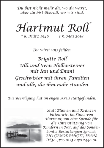 Traueranzeige von Hartmut Roll