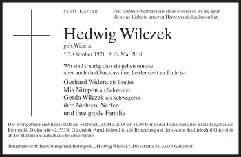 Traueranzeige von Hedwig Wilczek von Neue Westfälische