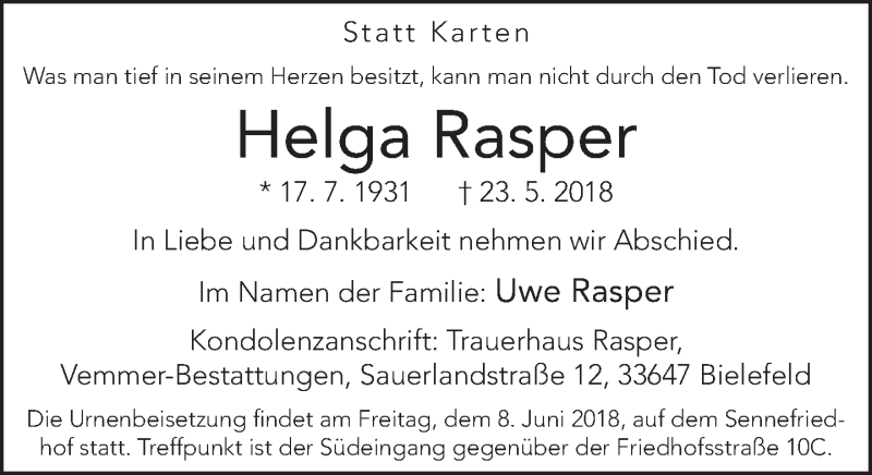  Traueranzeige für Helga Rasper vom 26.05.2018 aus Neue Westfälische