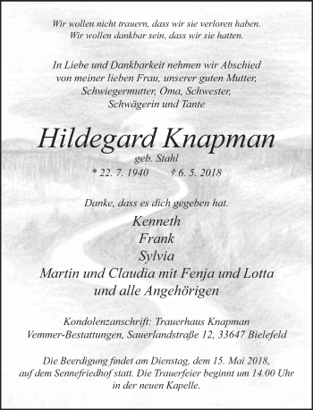 Traueranzeige von Hildegard Knapman