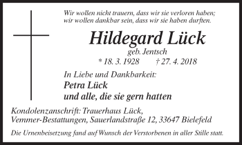 Traueranzeige von Hildegard Lück