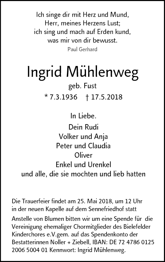  Traueranzeige für Ingrid Mühlenweg vom 22.05.2018 aus Neue Westfälische