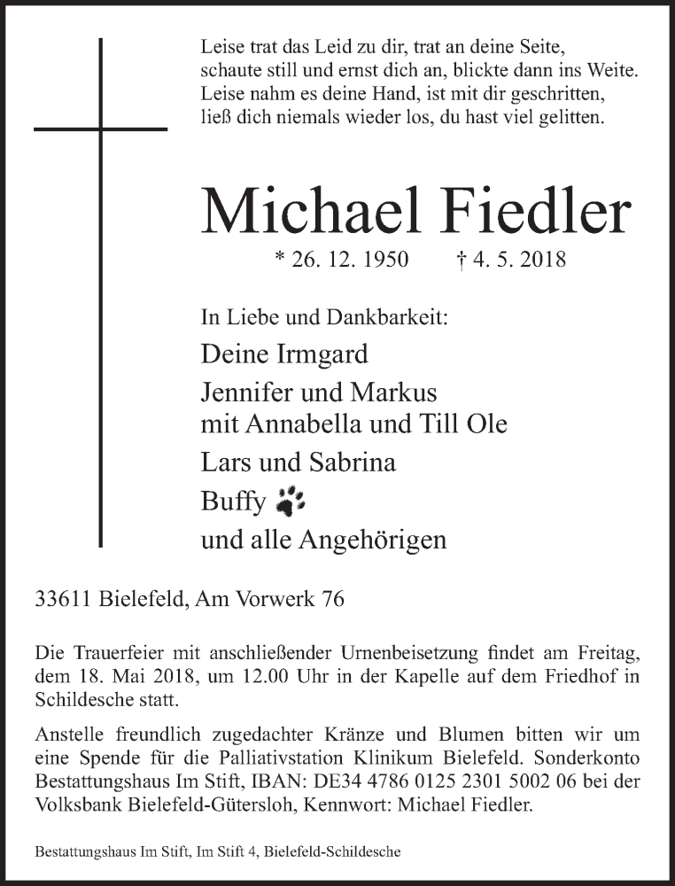 Traueranzeige für Michael Fiedler vom 12.05.2018 aus Neue Westfälische