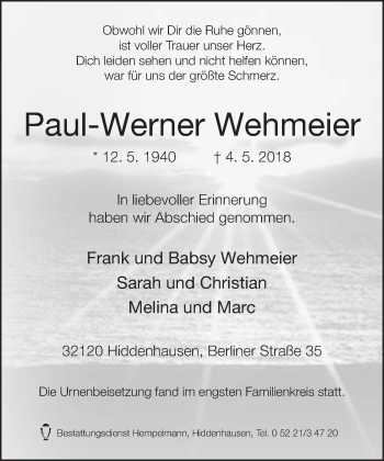 Traueranzeige von Paul-Werner Wehmeier