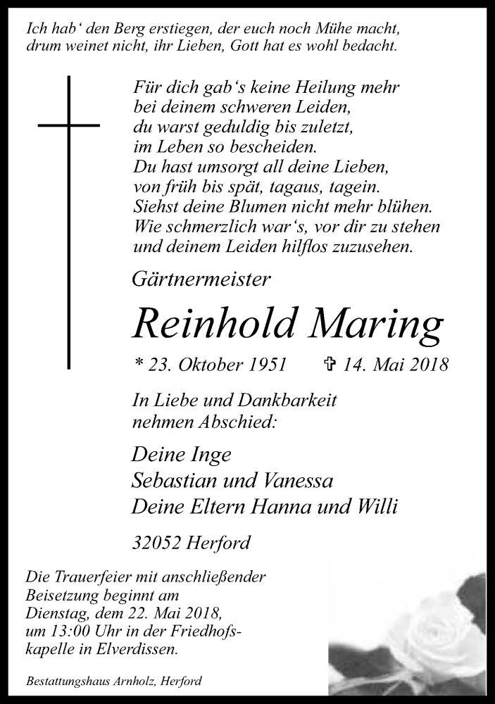  Traueranzeige für Reinhold Maring vom 16.05.2018 aus Neue Westfälische