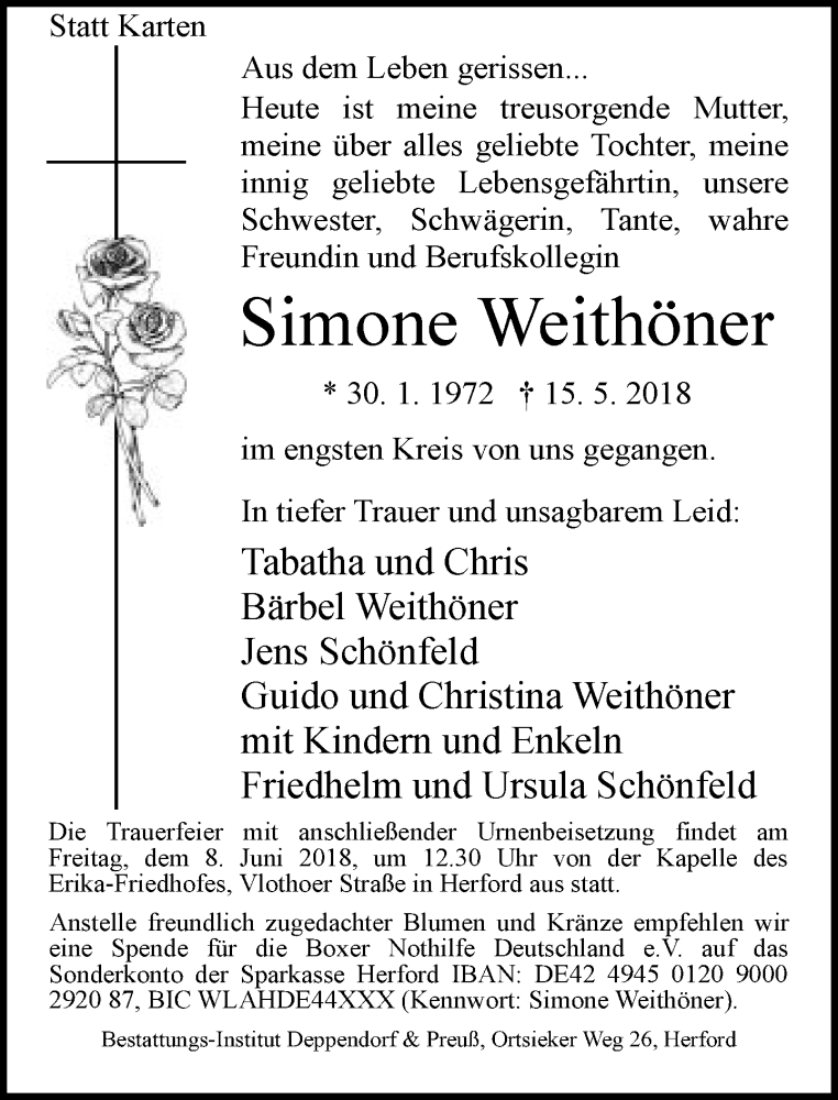  Traueranzeige für Simone Weithöner vom 19.05.2018 aus Neue Westfälische