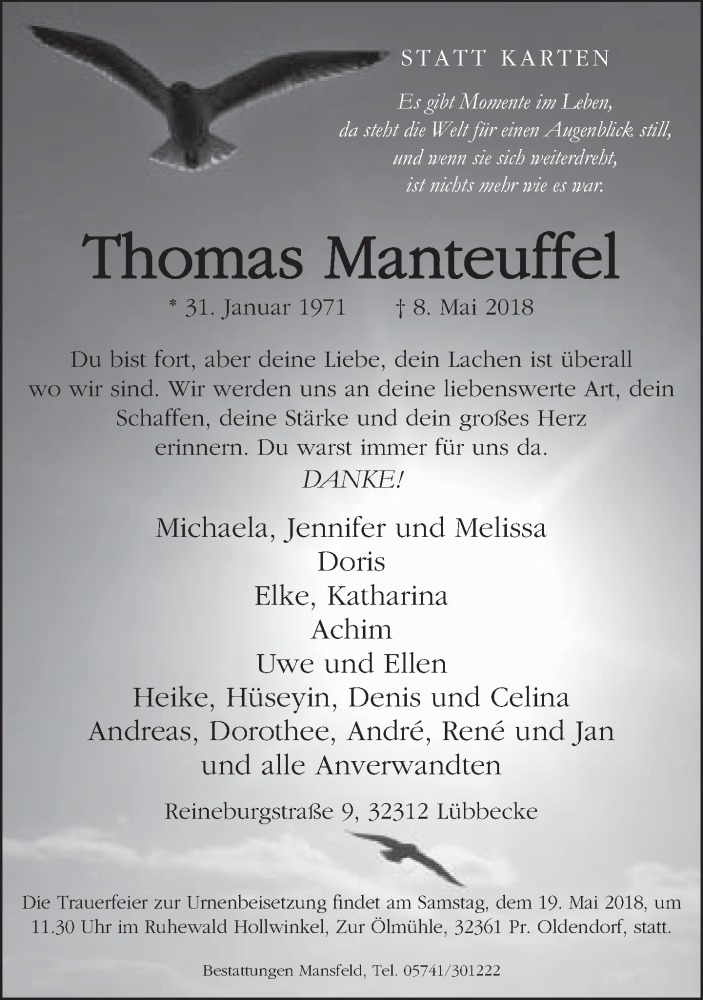  Traueranzeige für Thomas Manteuffel vom 12.05.2018 aus Neue Westfälische