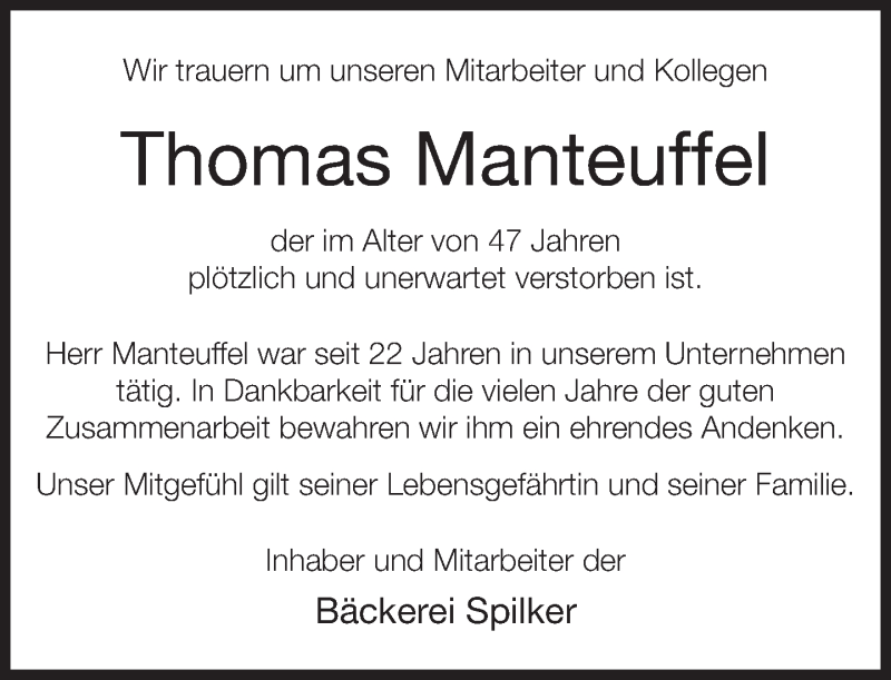  Traueranzeige für Thomas Manteuffel vom 15.05.2018 aus Neue Westfälische