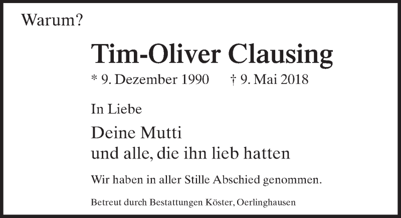  Traueranzeige für Tim-Oliver Clausing vom 26.05.2018 aus Neue Westfälische