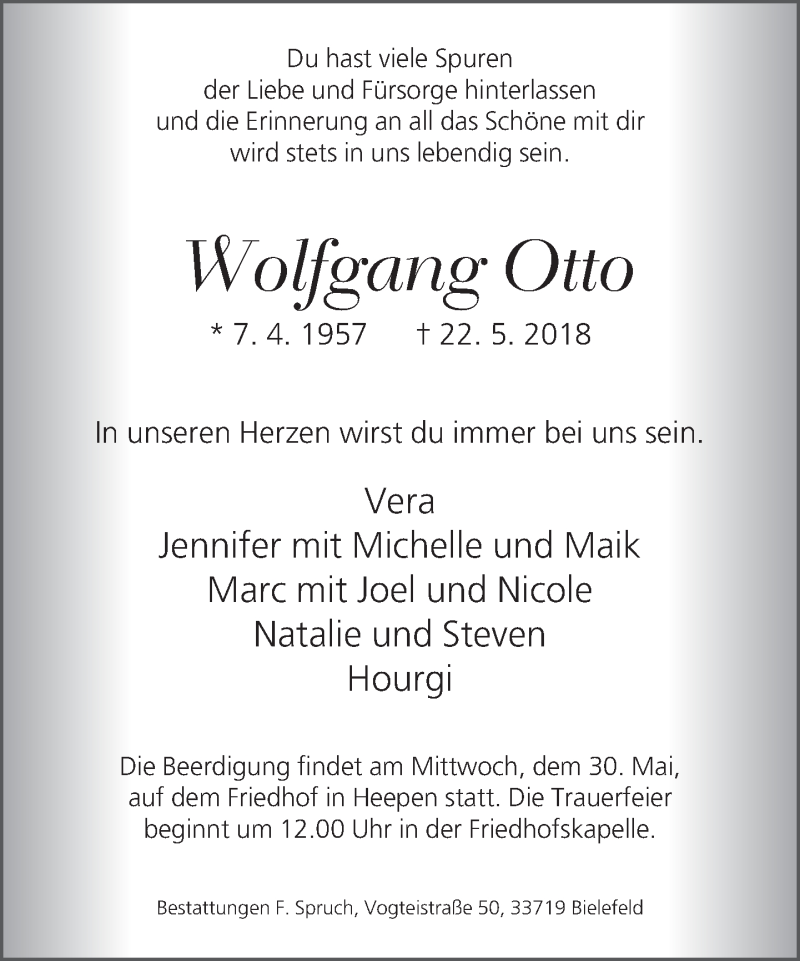  Traueranzeige für Wolfgang Otto vom 26.05.2018 aus Neue Westfälische