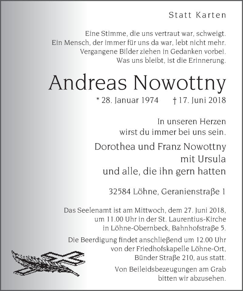  Traueranzeige für Andreas Nowottny vom 23.06.2018 aus Neue Westfälische