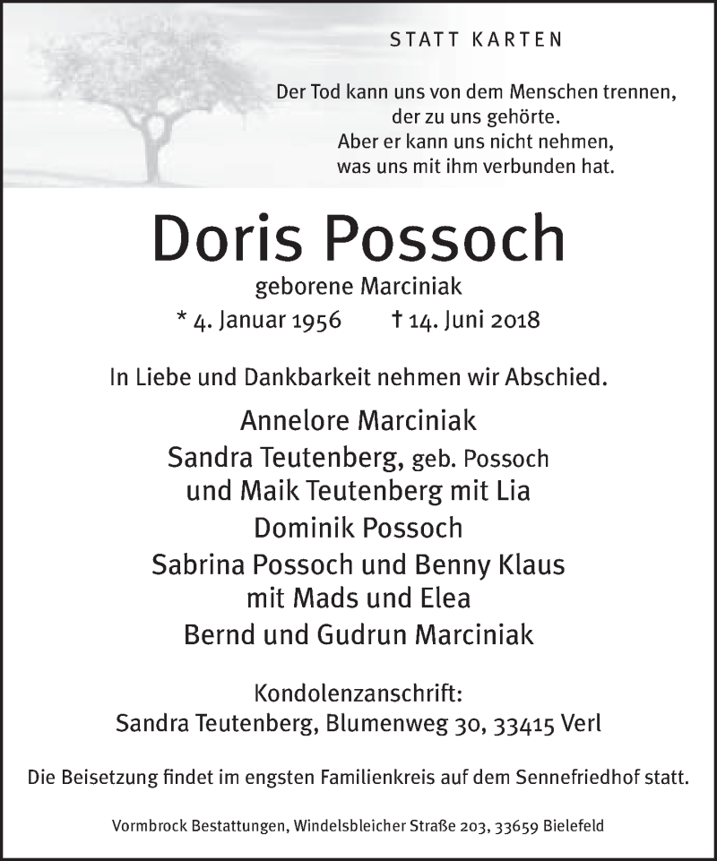  Traueranzeige für Doris Possoch vom 20.06.2018 aus Neue Westfälische