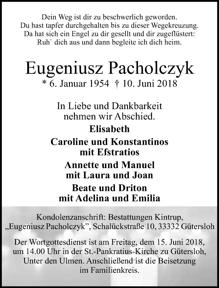  Traueranzeige für Eugeniusz Pacholczyk vom 13.06.2018 aus Neue Westfälische