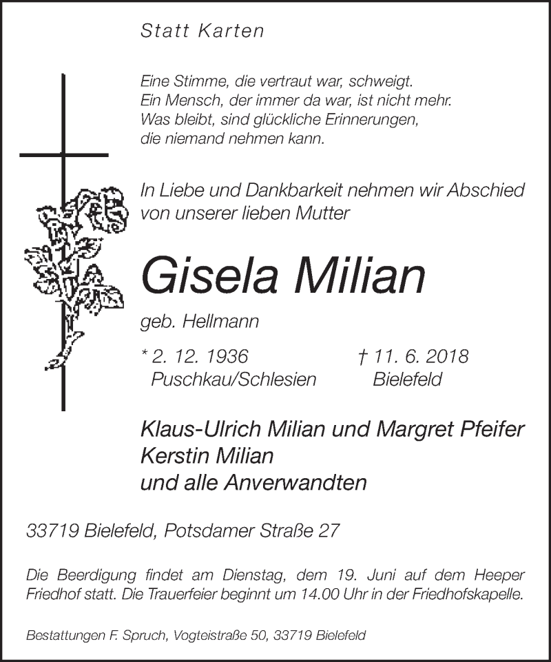  Traueranzeige für Gisela Milian vom 16.06.2018 aus Neue Westfälische