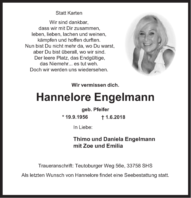  Traueranzeige für Hannelore Engelmann vom 09.06.2018 aus Neue Westfälische