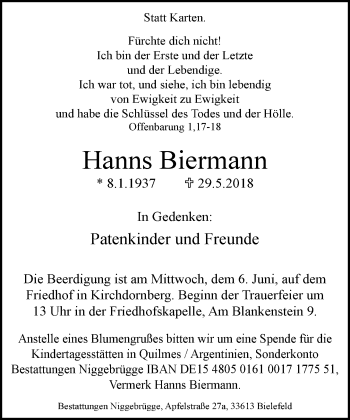 Traueranzeige von Hanns Biermann
