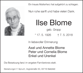 Traueranzeige von Ilse Blome von Neue Westfälische