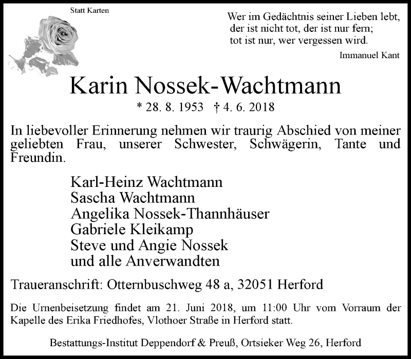  Traueranzeige für Karin Nossek-Wachtmann vom 16.06.2018 aus Neue Westfälische