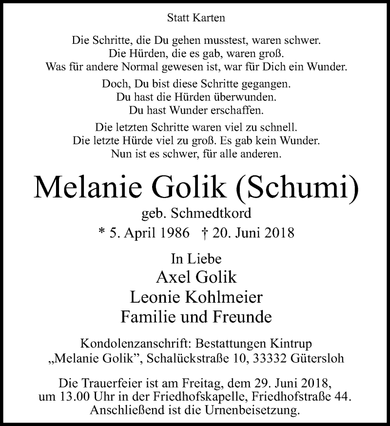  Traueranzeige für Melanie Golik vom 23.06.2018 aus Neue Westfälische