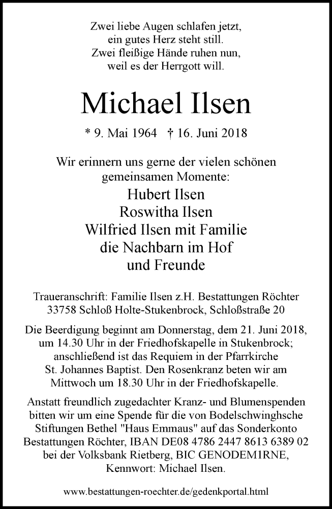  Traueranzeige für Michael Ilsen vom 19.06.2018 aus Neue Westfälische