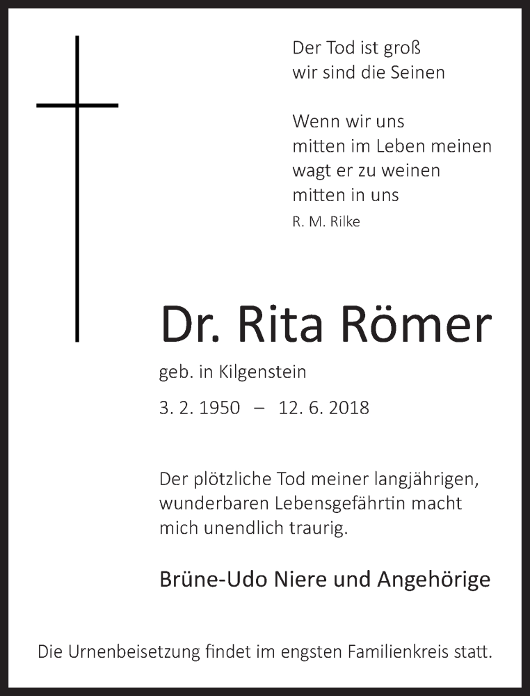  Traueranzeige für Rita Römer vom 16.06.2018 aus Neue Westfälische